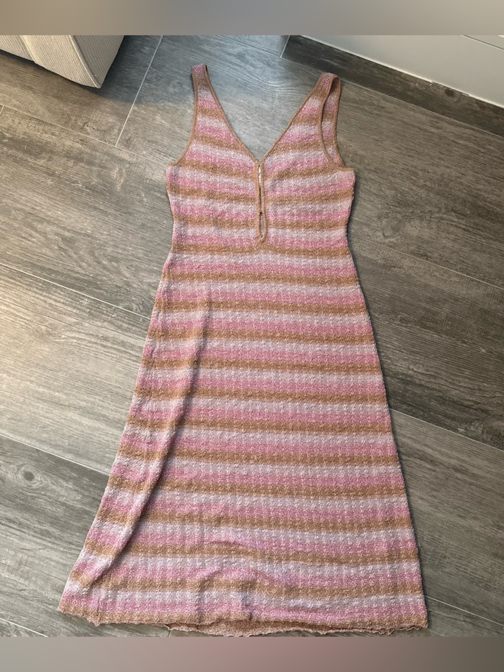 Misa Los Angeles Pink and Tan Striped Knit V-Neck Dress